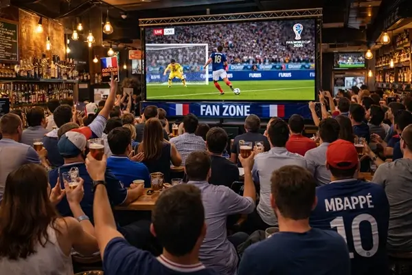Groupe de personne regardant un match de l'équipe de France de foot dans un bar.