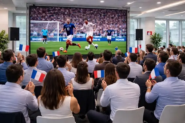 Groupe de personne regardant un match de l'équipe de France de foot dans une entreprise.