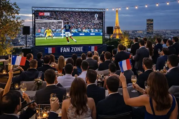 Groupe de personne regardant un match de l'équipe de France de foot sur un rooftop.