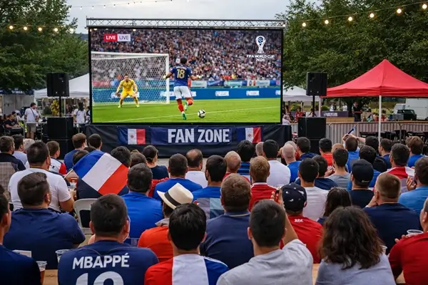 Groupe de personne regardant un match de l'équipe de France de foot dans une petite fan zone en extérieur.